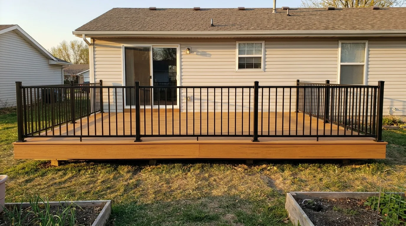 After: the same deck rebuilt with new warm-toned decking and a black metal railing, same camera angle, Manhattan, Kansas