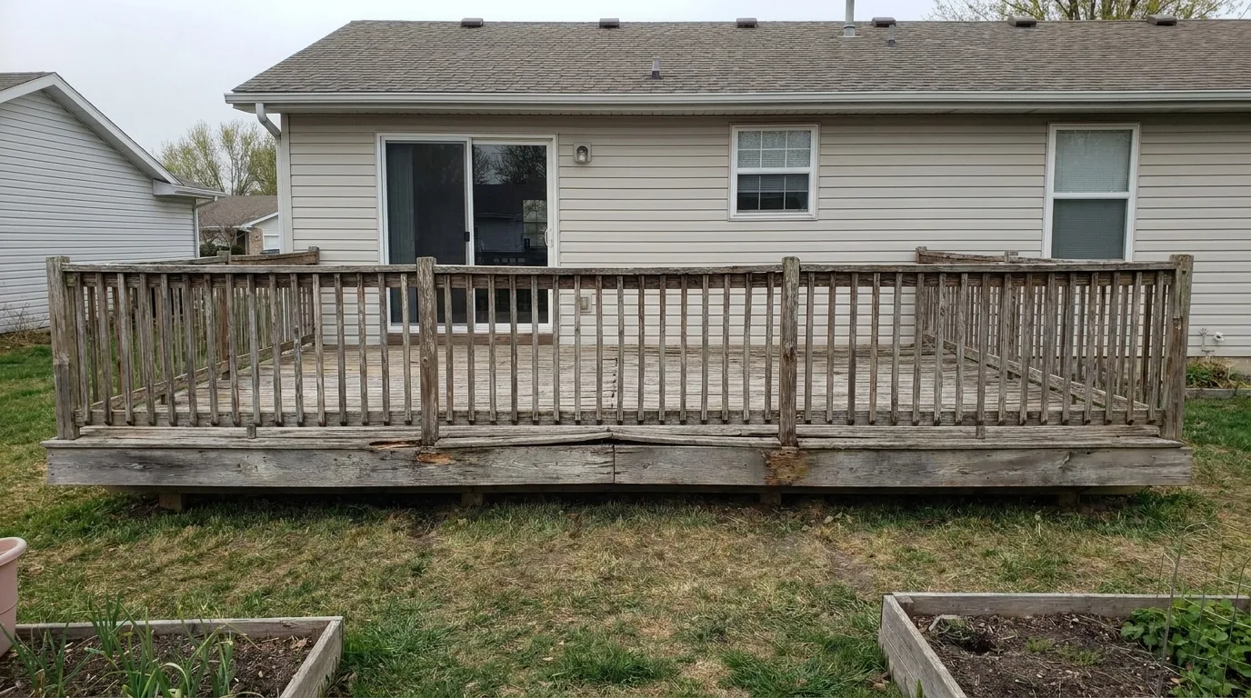 Before: a deteriorated Manhattan, Kansas deck with worn, weathered gray boards and an aging wood railing, prior to rebuild