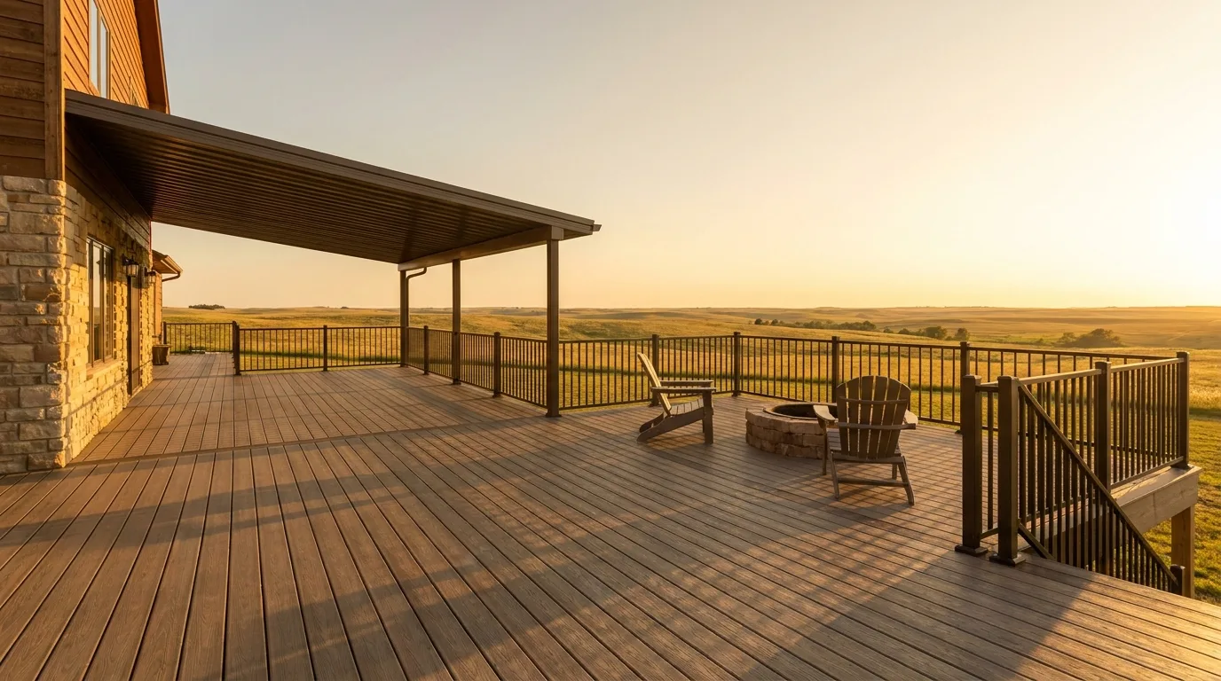 A finished composite deck with a solid roof cover on a Kansas home, late-afternoon light, with open prairie visible past the yard