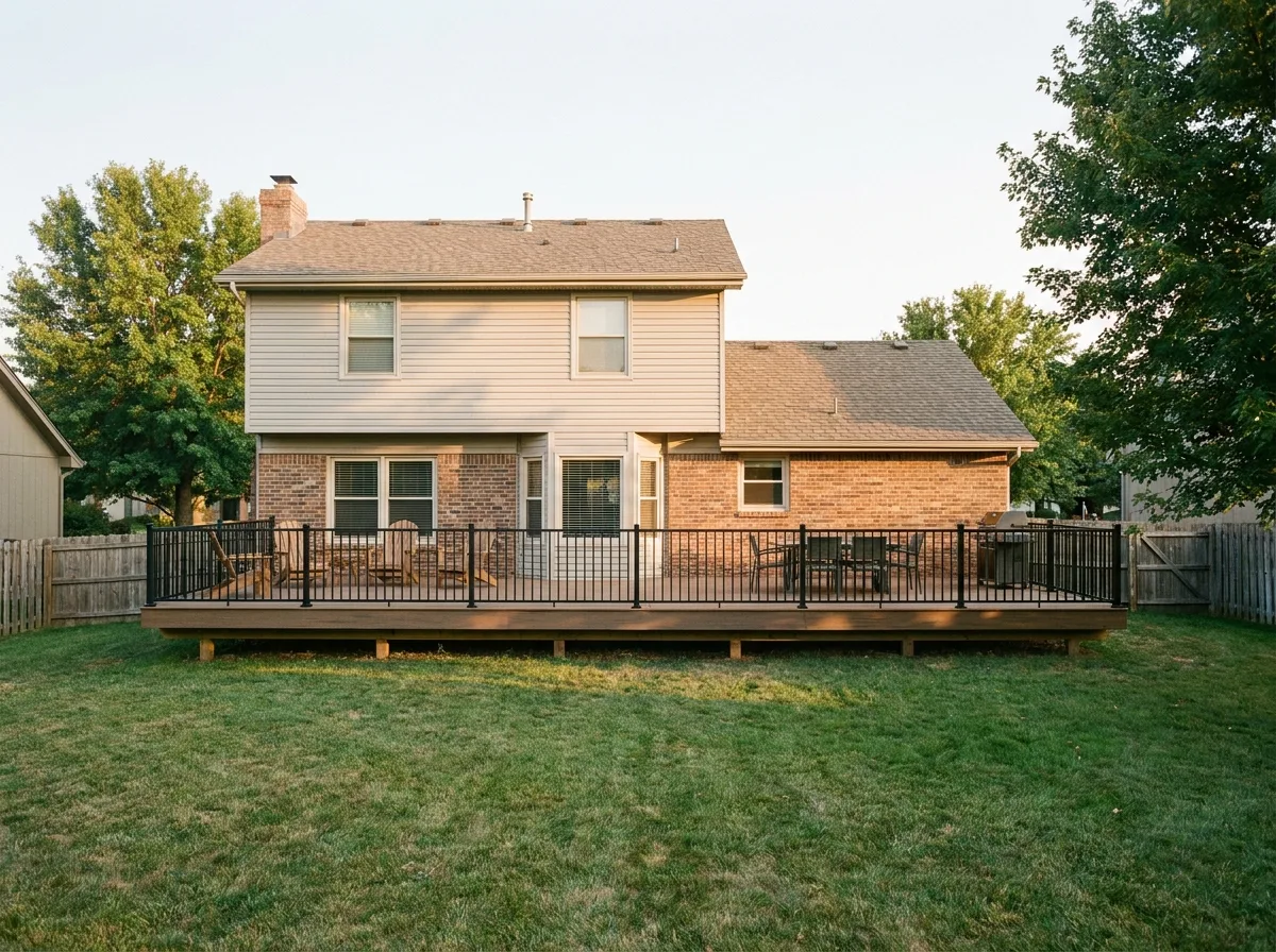 Wide shot of a finished composite deck with black railing in a Kansas backyard, late-afternoon light