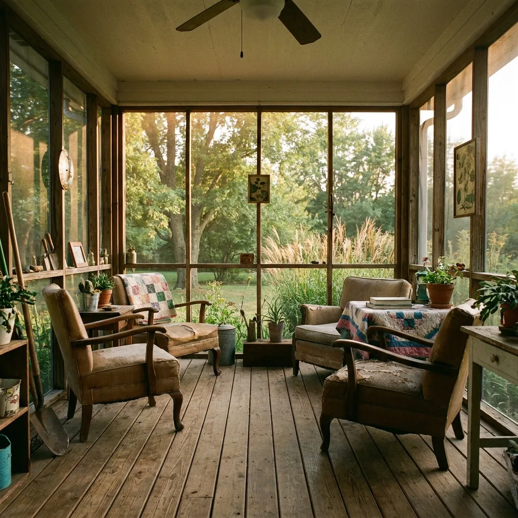 Screened porch conversion, interior view looking out toward the yard