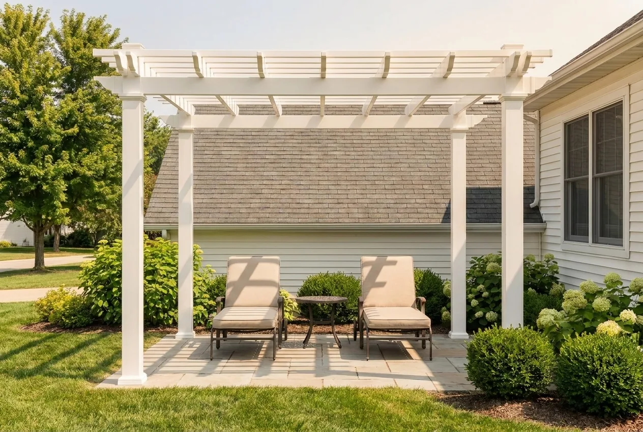 White PVC pergola over a stone patio with simple outdoor seating
