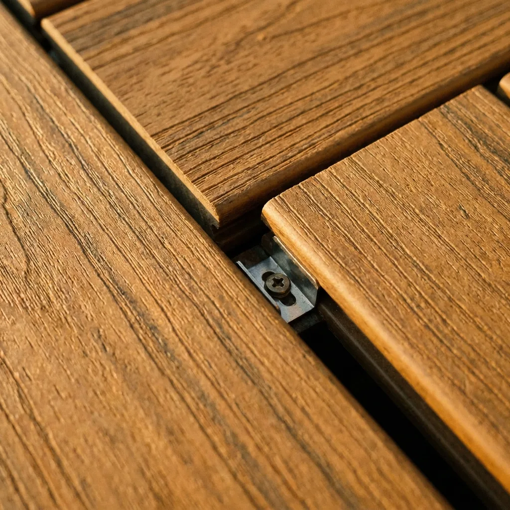 Close detail of composite deck boards and a hidden fastener clip system, tactile craft shot