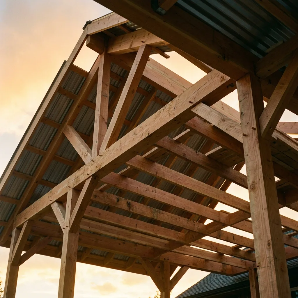 Covered deck roof structure from below, framing and support posts visible