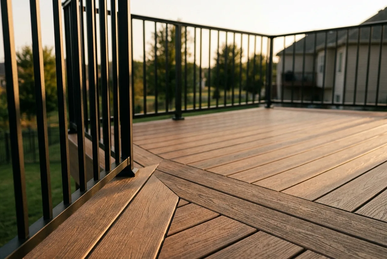 Close-up of a finished composite deck with black metal railing detail, late-afternoon Kansas light