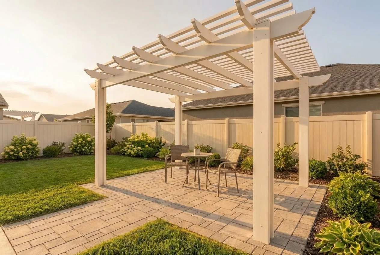 A white PVC pergola over a stone patio with simple outdoor seating