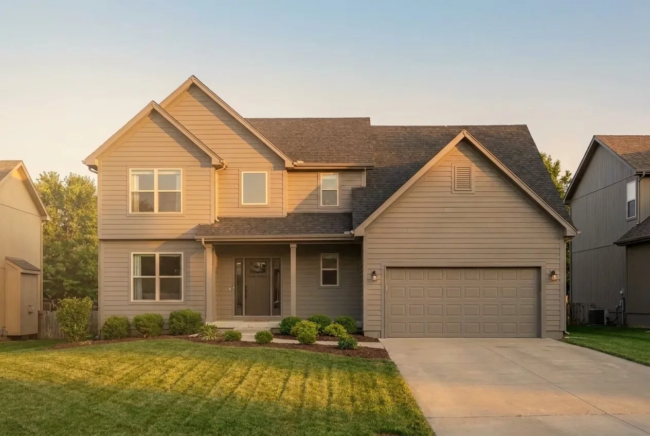 Full front elevation of a home with newly installed siding and restored curb appeal