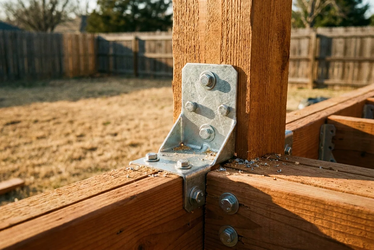 Close-up of a metal bracket and fasteners securing a deck railing post, a construction detail shot with no people visible